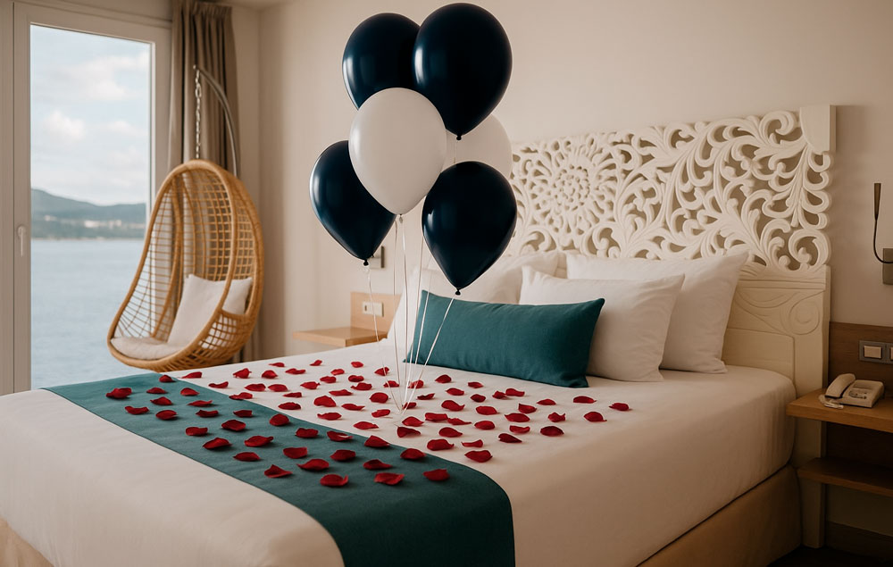 Romantic decoration with balloons and petals